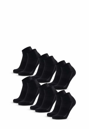 Schwarze Knöchelsocken, Baumwollmischung, gerippter Bund, gekrümmte Ferse, im Lieferumfang sind zehn Paare enthalten, mit dezenten grauen Akzenten an den Seiten.