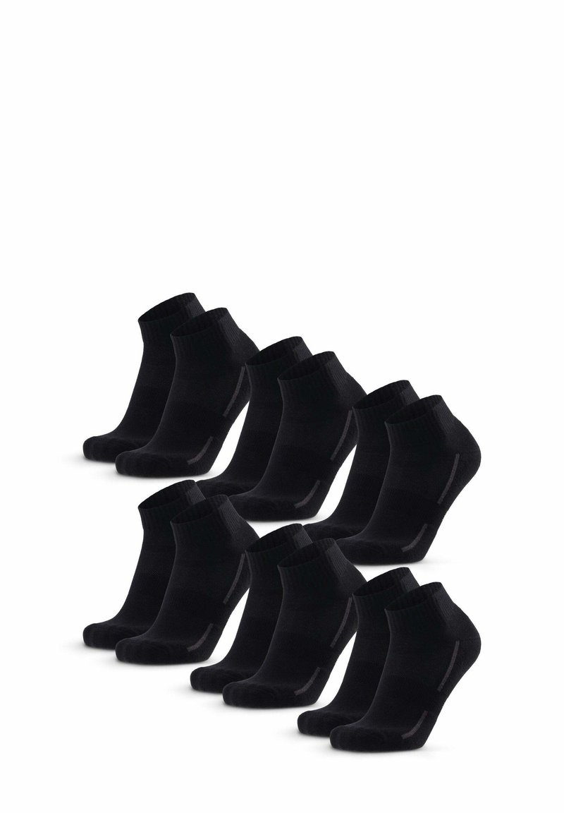 Calcetines cortos negros, mezcla de algodón, con puño acanalado, talón curvado, incluye diez pares, presenta sutiles acentos grises en los lados.