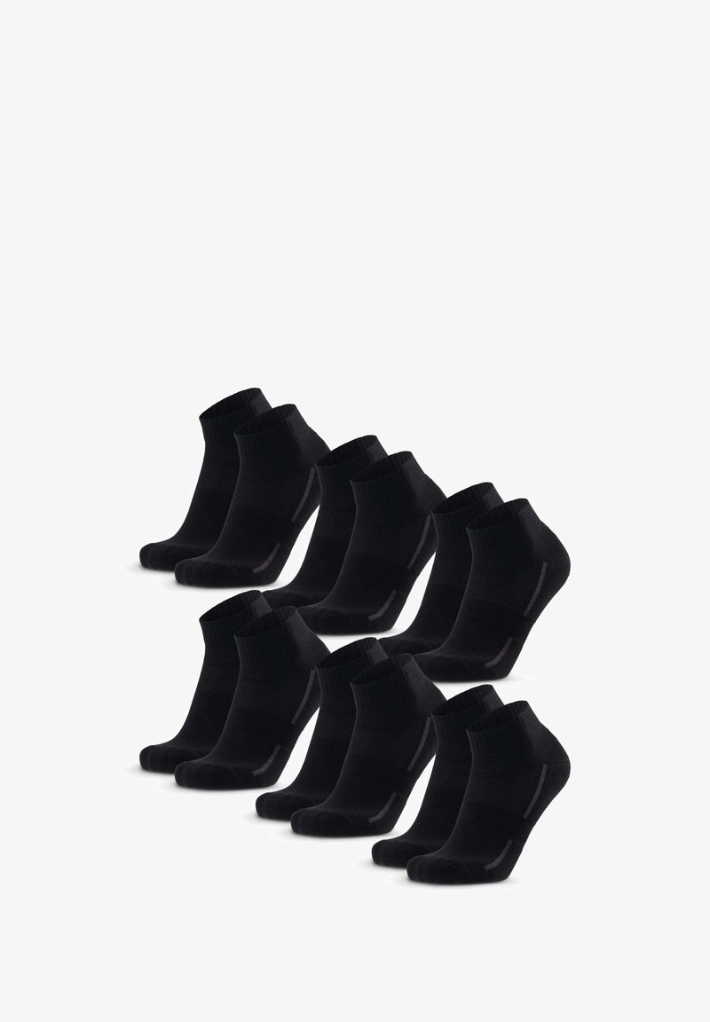 Calcetines cortos negros, mezcla de algodón, con puño acanalado, talón curvado, incluye diez pares, presenta sutiles acentos grises en los lados.