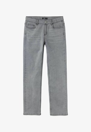 Jeans en denim gris avec une coupe droit, cinq poches et une fermeture à bouton avec passants de ceinture à la taille. Texture de tissu douce.