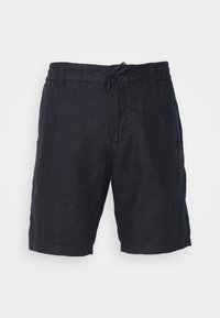 Shorts en lin bleu marine. Dotés d'une taille à cordon de serrage, de poches latérales et d'une coupe décontractée. Tissu texturé avec une finition naturelle.