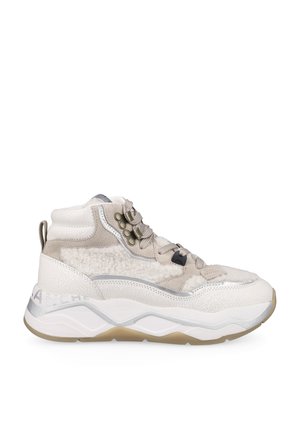 Chunky high-top sneaker in white and beige with mixed textures, thick sole, and metal eyelets for laces, shown from side view.