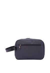 Pouch da viaggio in tessuto grigio con una texture liscia, tasca con zip frontale e manico a strap nero; forma rettangolare con bordi arrotondati.
