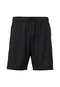 Zwarte linnen shorts met een elastische tailleband, trekkoordsluiting en zijzakken; losse pasvorm; gladde textuur; knielengte.