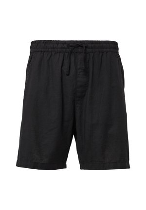 Shorts en lin noir avec une taille élastique, fermeture à cordon, et poches latérales ; coupe décontractée ; texture lisse ; longueur au genou.