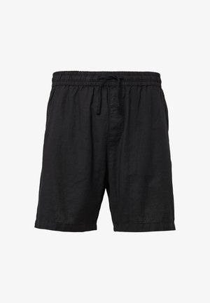 Shorts en lin noir avec une taille élastique, fermeture à cordon, et poches latérales ; coupe décontractée ; texture lisse ; longueur au genou.