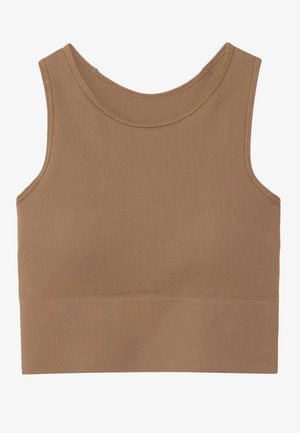 Top din bumbac de culoare maro, cu dungi, cu un decolteu rotund și bretele late. Dispune de o siluetă ajustată și o margine fără cusături la baza.