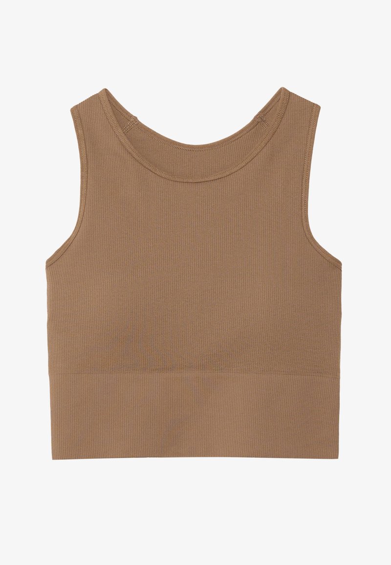 Débardeur marron à côtes avec un col rond et des bretelles larges. Présente une silhouette ajustée et un ourlet sans couture en bas.