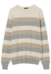 Maglione a collo rotondo a righe in beige, marrone chiaro e grigio. Tessuto morbido con polsini e orlo a coste. Vestibilità rilassata e maniche lunghe.