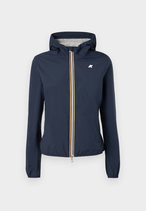 Giacca a vento navy con cappuccio, dotata di zip frontale con strisce multicolori, polsini elastici e logo sul petto.