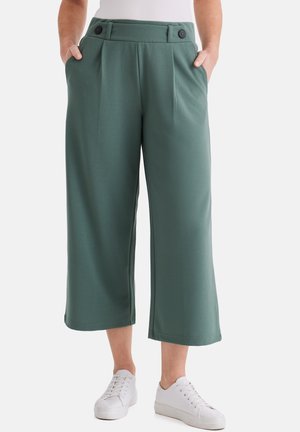 Grüne, weit geschnittene, verkürzte Hosen mit schwarzen Knöpfen am Bund, getragen mit weißen Sneakers und Händen in den Taschen.