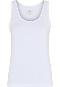 Hvid, ærmeløs tanktop lavet af glat stof, med en rund halsudskæring og en strømlinet pasform uden synlige mønstre eller detaljer.