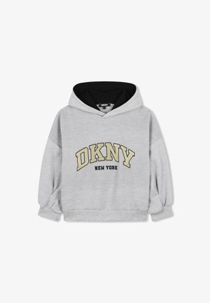Haut de survêtement gris court avec une doublure intérieure noire, présente le logo "DKNY NEW YORK" en jaune et noir. Tissu texturé avec des manches larges.