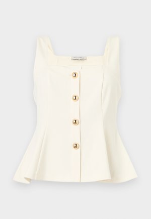 Haut sans manches couleur crème avec larges bretelles, boutons dorés à l'avant et un ourlet légèrement évasé.