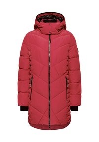 Chaqueta de invierno larga acolchada roja con capucha, cremallera frontal, dos bolsillos laterales con cremallera y puños interiores negros.