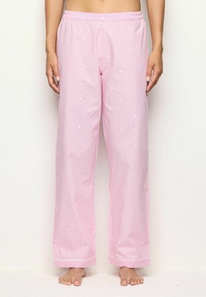 Pantaloni de pijama roz cu buline albe, talie elastică, design pe picior drept, textură netedă și bordură contrastantă pe margine.