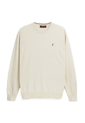 Maglione beige lavorato a maglia con scollo rotondo, polsini e orlo a coste. Presenta un piccolo logo ricamato sul petto. Tessuto morbido.
