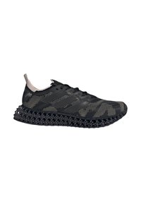 Black athletic shoe with a textured upper featuring a geometric pattern, three stripes, and a lightweight 3D-printed midsole with a lattice design.