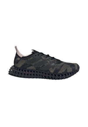 Black athletic shoe with a textured upper featuring a geometric pattern, three stripes, and a lightweight 3D-printed midsole with a lattice design.