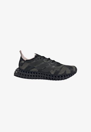 Black athletic shoe with a textured upper featuring a geometric pattern, three stripes, and a lightweight 3D-printed midsole with a lattice design.