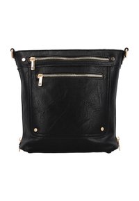 Borsa a tracolla in pelle nera con due tasche frontali con zip, accessori in metallo dorato, finitura testurizzata e borchie metalliche alla base.