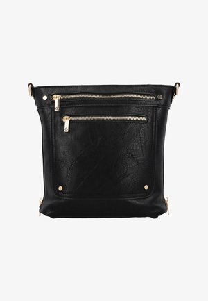 Schwarze Lederhandtasche mit zwei Reißverschluss-Vordertaschen, goldenen Zubehörteilen, einer strukturierten Oberfläche und Metallnieten am Boden.