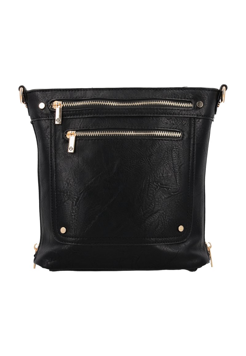 Borsa a tracolla in pelle nera con due tasche frontali con zip, accessori in metallo dorato, finitura testurizzata e borchie metalliche alla base.