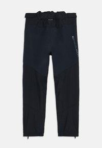 Wasserfeste schwarze Hose mit tailliertem Design, elastischem Bund und kontrastierenden Stoffpanelen. Mit Reißverschluss an den unteren Säumen und seitlichem Logo.