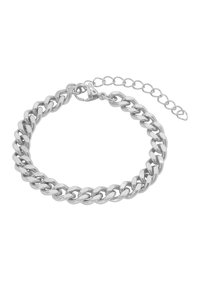 Bracelet en chaîne argentée avec de gros maillons, finition polie et fermoir ajustable avec chaîne d'extension pour variation de taille.