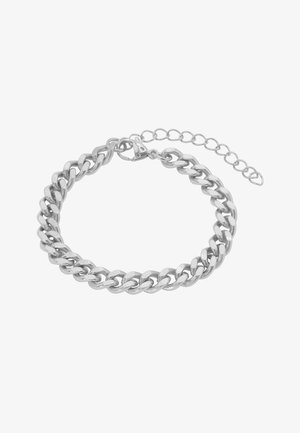 Zilveren kettingarmband met dikke schakels, gepolijste afwerking en verstelbare sluiting met een verlengketting voor maatvariatie.