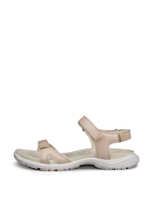 Sandale roz de exterior cu barete reglabile, talpă confortabilă și talpă exterioară din cauciuc alb flexibil, având un design decupat pentru respirabilitate.