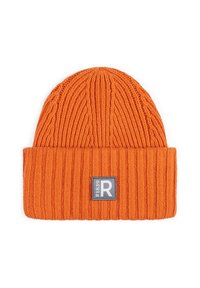 Knit orange beanie hat with a ribbed texture, folded cuff, and a gray square patch featuring a white letter "R" and "#1839" detail.