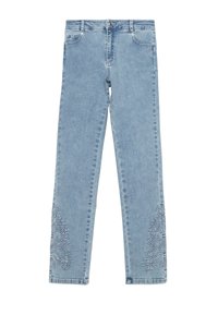 Jasnoniebieskie dżinsy o prostych nogawkach, złożone z misternych haftów na dolnych częściach nogawek oraz standardowymi detalami. 