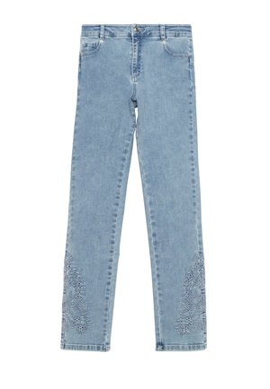 Helles blaues Denim-Jogging mit geradem Bein, das mit aufwendigen Stickmustern an den Unterschenkeln und normalen Hardware-Details versehen ist.