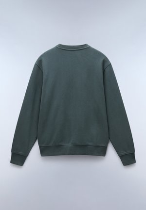 Ciemnozielona bluza, mieszanka bawełny, z okrągłym dekoltem, długimi rękawami, ściągaczami przy mankietach i hemie. Gładka tekstura, bez widocznych logo i wzorów.