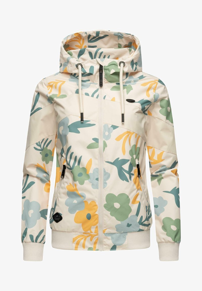 Blommönstrad jacka med vit bakgrund och gröna, gula och blå blommor, en huva och framfickor med dragkedja.