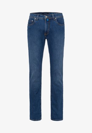 Donkerblauwe denim jeans met een rechte pasvorm, vijf zakken en contrasterende oranje stiksels. Voorzien van een ritssluiting en knoopsluiting.