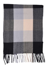 Coperta in misto lana con motivo a quadri nei toni di nero, grigio, blu e beige, rifinita con lunghe frange.
