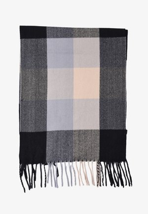 Coperta in misto lana con motivo a quadri nei toni di nero, grigio, blu e beige, rifinita con lunghe frange.