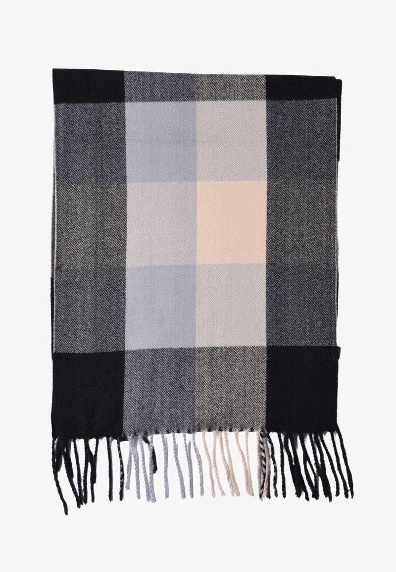 Coperta in misto lana con motivo a quadri nei toni di nero, grigio, blu e beige, rifinita con lunghe frange.