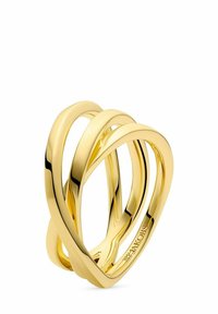 Guldtonet ring med sammenflettede, glatte bånd med en poleret overflade. Bemærkelsesværdig branding indgraveret på indersiden. Moderne design.