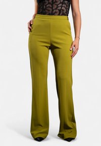 Pantaloni a gamba larga verdi realizzati in tessuto morbido, con vita alta e senza tasche visibili, abbinati a scarpe nere a punta.