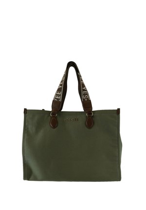 Borsa tote rettangolare verde con dettagli in pelle marrone e manici marrone scuro con scritta bianca "YES ZEE".