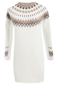 Strikket sweaterkjole i hvid med en rund halsudskæring, der har et tekstureret mønster i brun og sorte geometriske former. Lange ærmer.