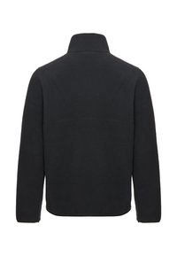 Giacca in pile nera con collo alto e maniche lunghe. La trama è morbida e vellutata, con un design semplice e pulito e senza elementi metallici visibili.