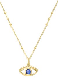 Collana d'oro con un ciondolo a forma di occhio che presenta una pietra blu al centro e perle tonde lungo la catena.