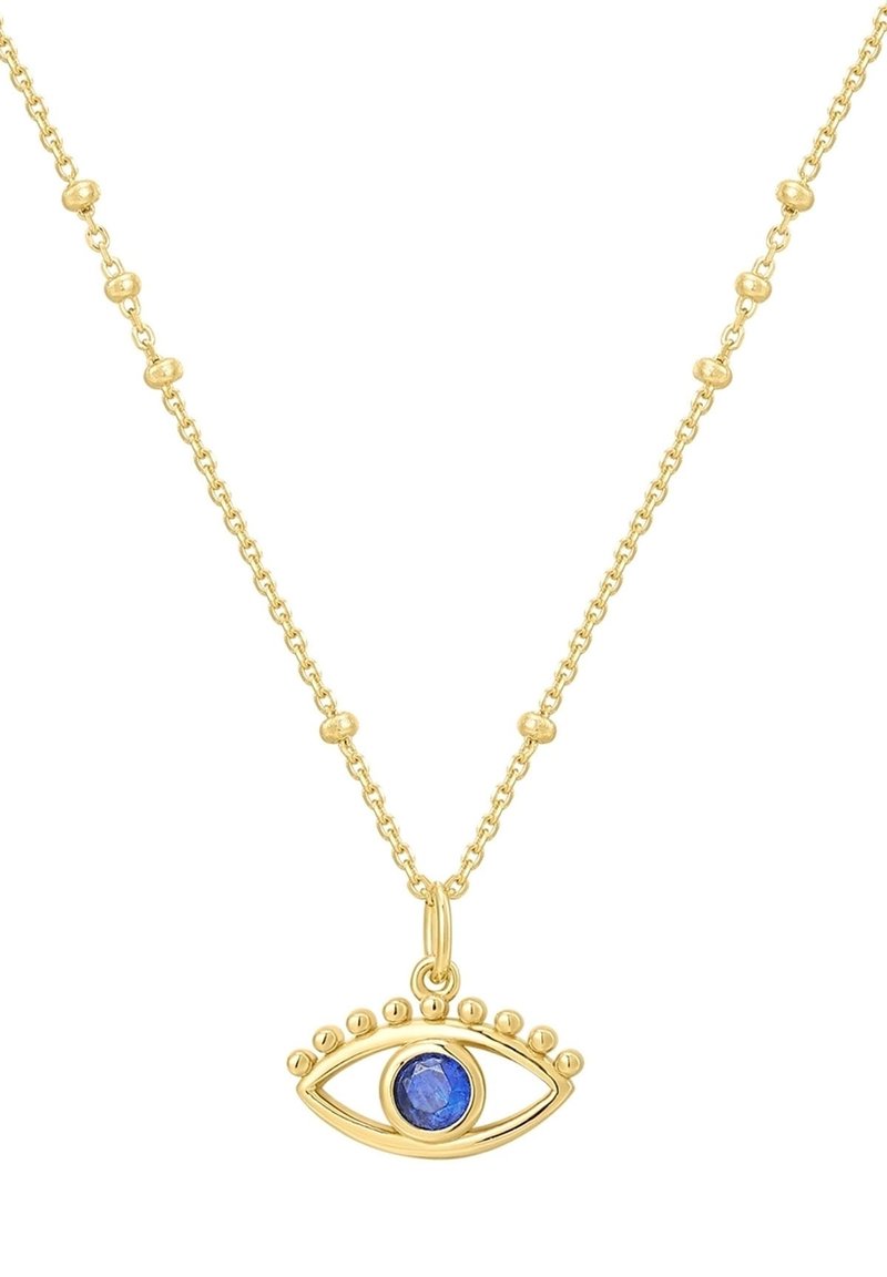 Collana d'oro con un ciondolo a forma di occhio che presenta una pietra blu al centro e perle tonde lungo la catena.