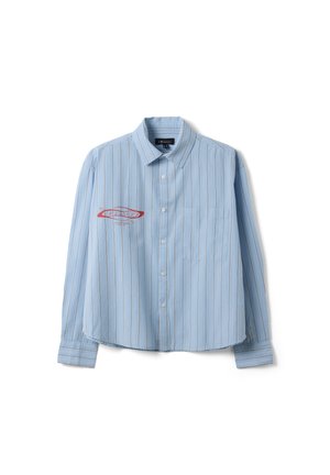 Light blue long-sleeve button-up shirt with thin brown vertical stripes, a front chest pocket, and a red graphic on the left side.