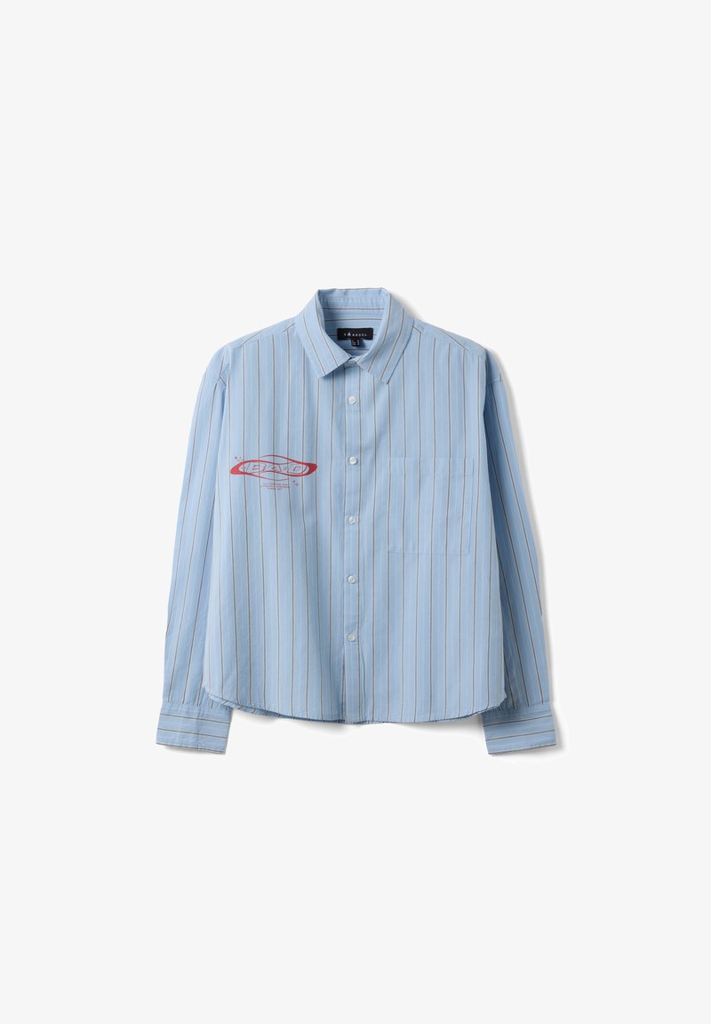 Light blue long-sleeve button-up shirt with thin brown vertical stripes, a front chest pocket, and a red graphic on the left side.