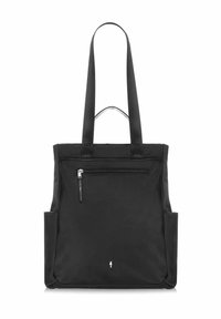 Czarna torba na ramię wykonana z nylonu, z dwiema długimi rączkami, przednią kieszenią na zamek błyskawiczny oraz bocznymi kieszeniami. Minimalistyczny design z akcentem logo.